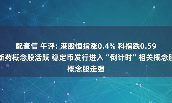 配查信 午评: 港股恒指涨0.4% 科指跌0.59% 创新药概念股活跃 稳定币发行进入“倒计时”相关概念股走强